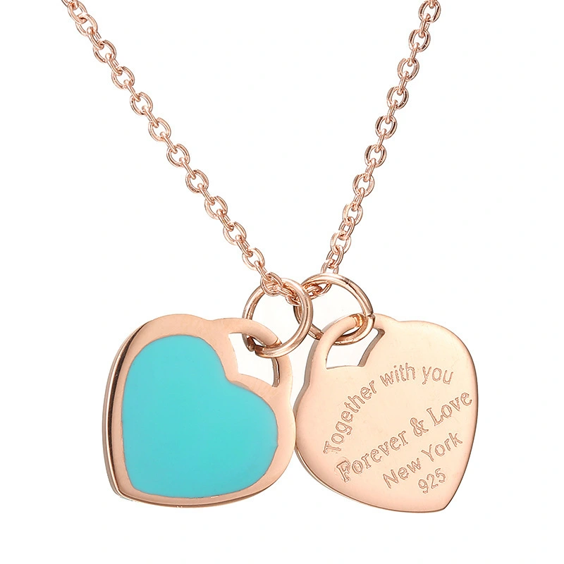 Hainon rose Gold Plated Stainless Steel Necklace Pendant Necklace blue heart pendant letter Necklace Women Gift wholesale 1