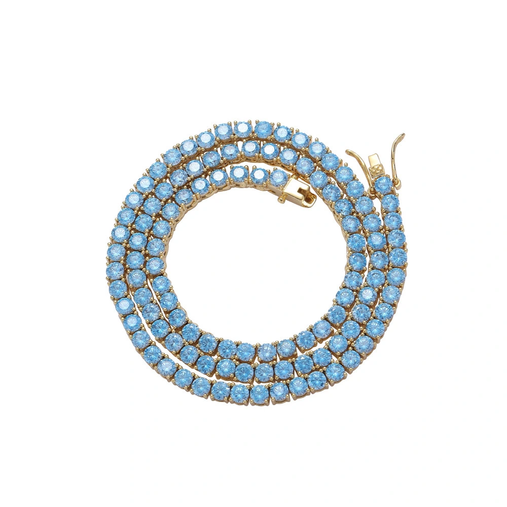 Hainon 4mm Aquamarine Zircon Tennis Chain Necklace Copper Hip Hop Necklace Fashion Single Row Chain Full Zirconium Men Necklace 1