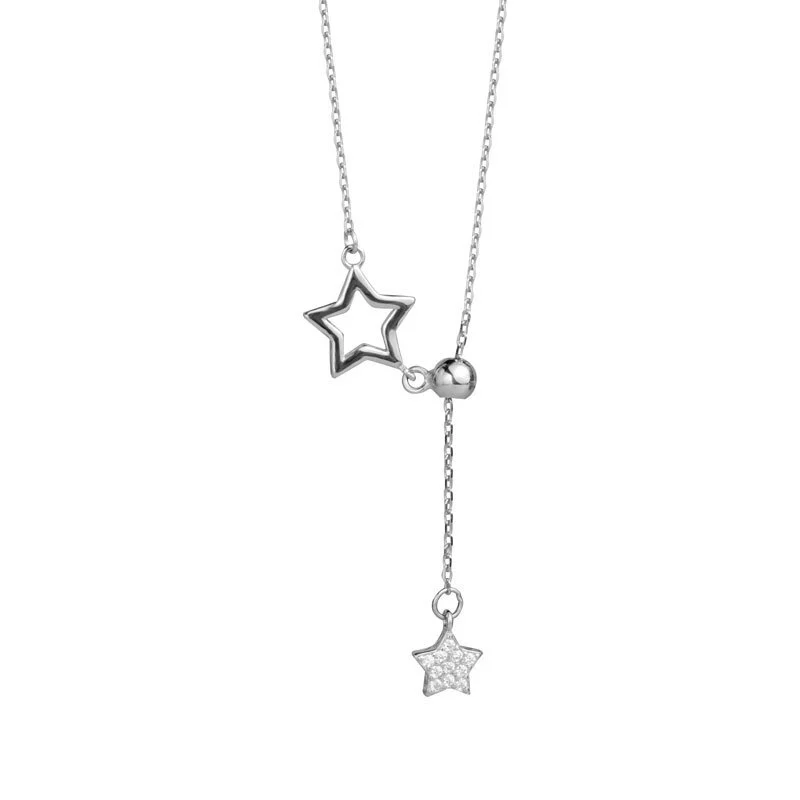 HainonS925 sterling silver hollow five pointed star diamond adjustment tassel necklace temperament clavicle chain 1