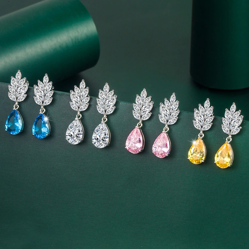 Hainon 2022 Earrings jewelry Women Luxury Leaf pink blue yellow zircon stud earrings Party gift wholesale 1