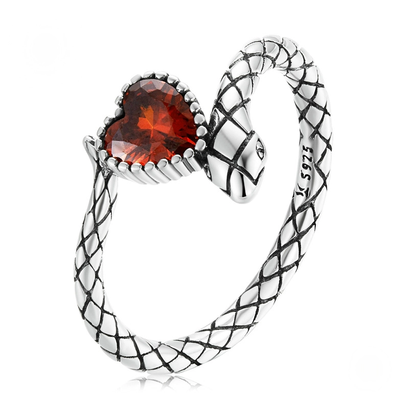 Hainon European and American Love Snake Ring S925 Sterling Silver Heart Red Zircon Ring Fashion Jewelry Wholesale 1