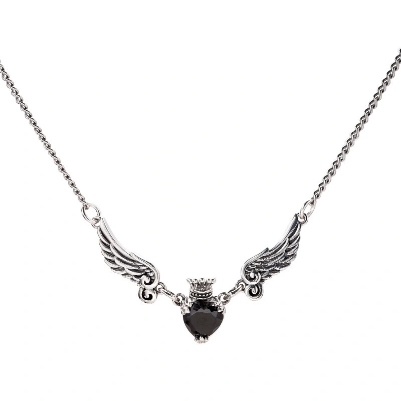 Hainon Vintage Wings Clavicle Chain Punk S925 Sterling Silver Custom Angel Wings Black Diamond Heart Crown Necklace 1