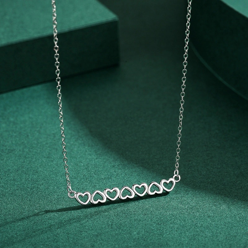 hainon s925 silver necklace women simple row heart-shaped hollow pendant necklace Gift card flannel bag set 1