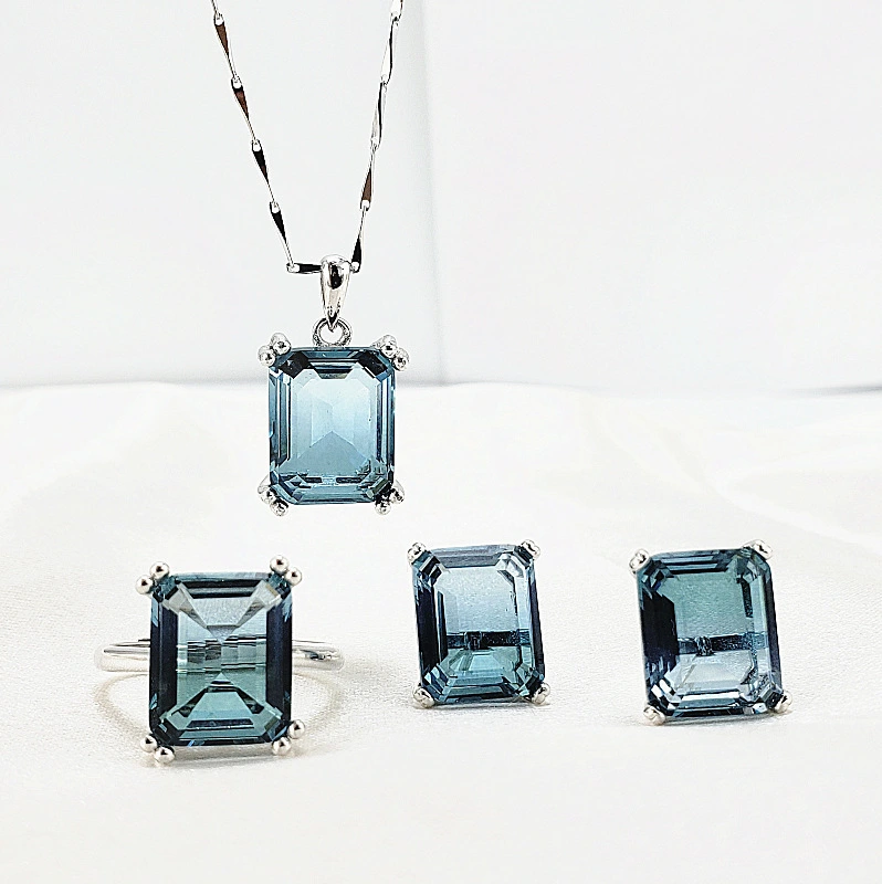 Hainon Sterling Silver jewelry set High quality lake blue color zircon Ring Necklace Earrings Set for Women gift 2022 1