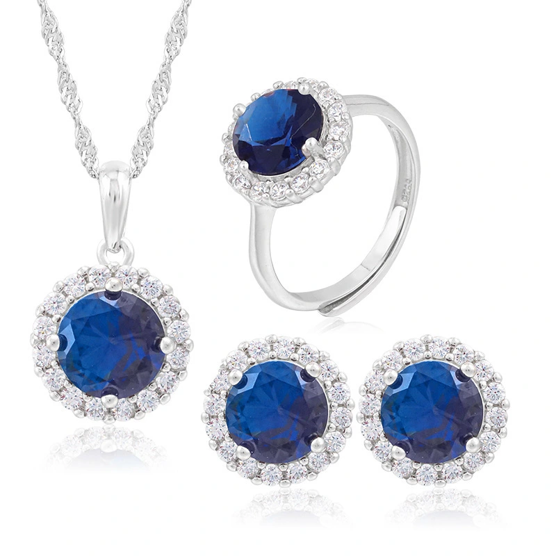 Hainon Sterling Silver jewelry set round blue zircon Ring pendant Necklace Earrings Set for Women gift 2022 1