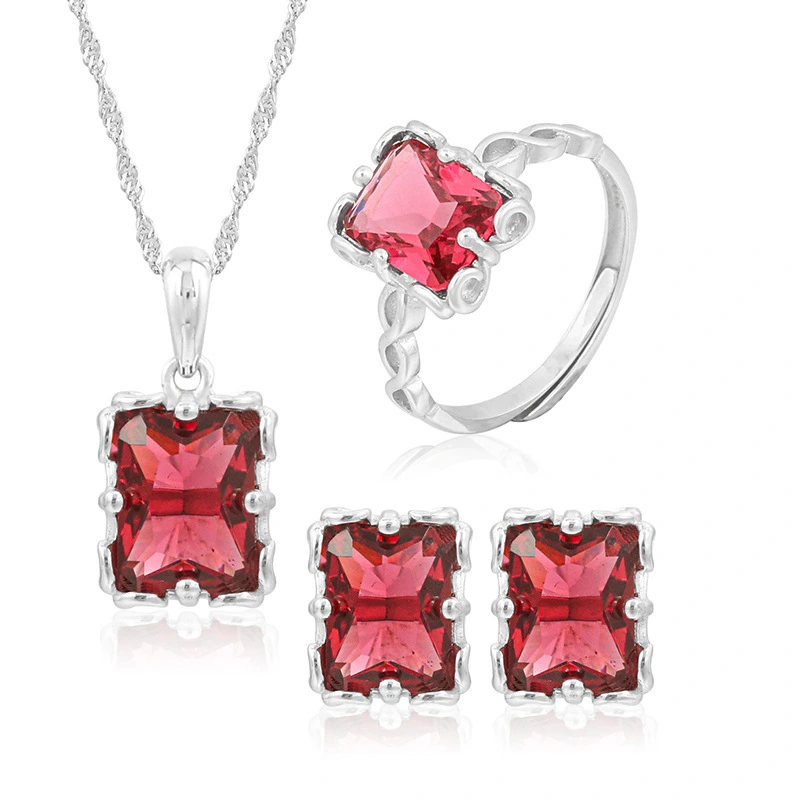 Hainon Sterling Silver jewelry set Romantic Square red zircon Ring pendant Necklace Earrings Set for Women gift 2022 1