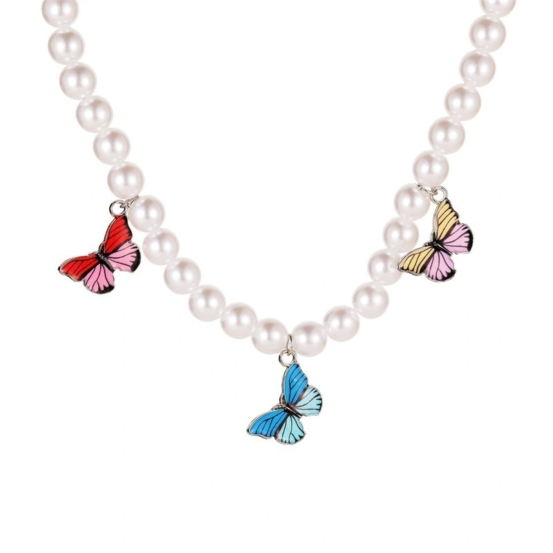 Hainon Pearl Necklace rainbow butterfly  Chunky Chain Link Pearl Choker Necklace Gift for Women 1