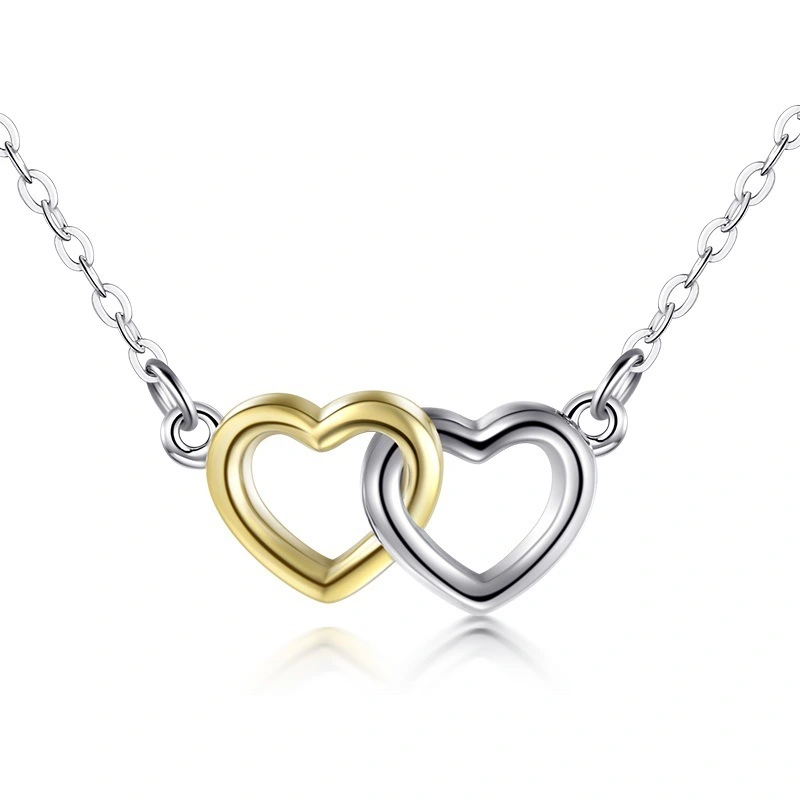 Hainon Sweet and lovely s925 sterling silver double heart necklace temperament Gift card flannel bag set 1