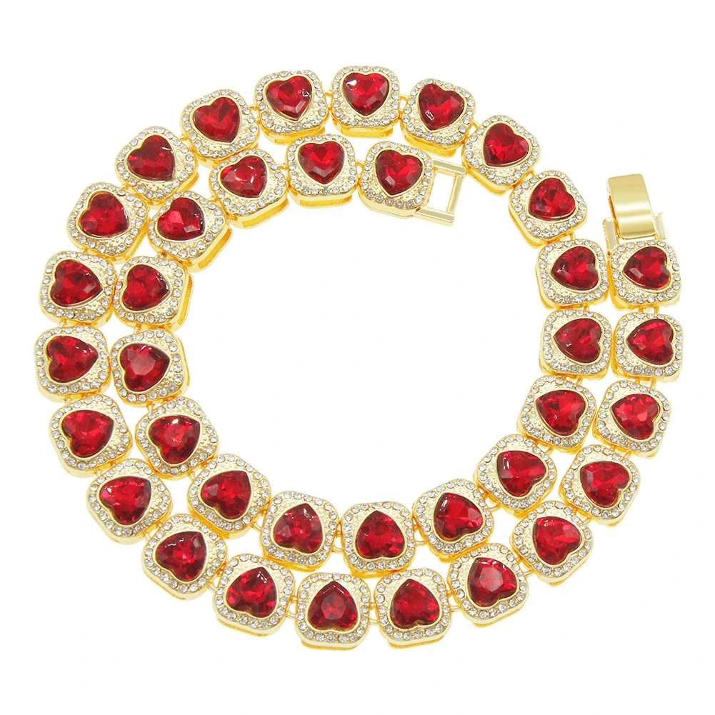 Hainon Men's exaggerated full diamond peach heart love red diamond necklace accessories personality trend 1