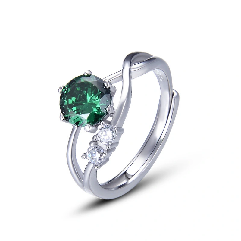 Hainon Korean ladies hand jewelry s925 sterling silver green crystal adjustable ring Gift card flannel bag set 1
