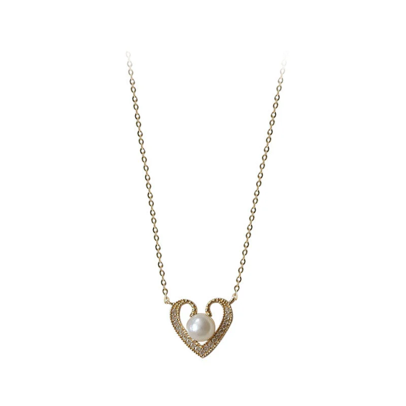Hainon S925 Sterling Silver French Necklace French Pearl Zircon Love Retro Peach Heart Clavicle Chain 1