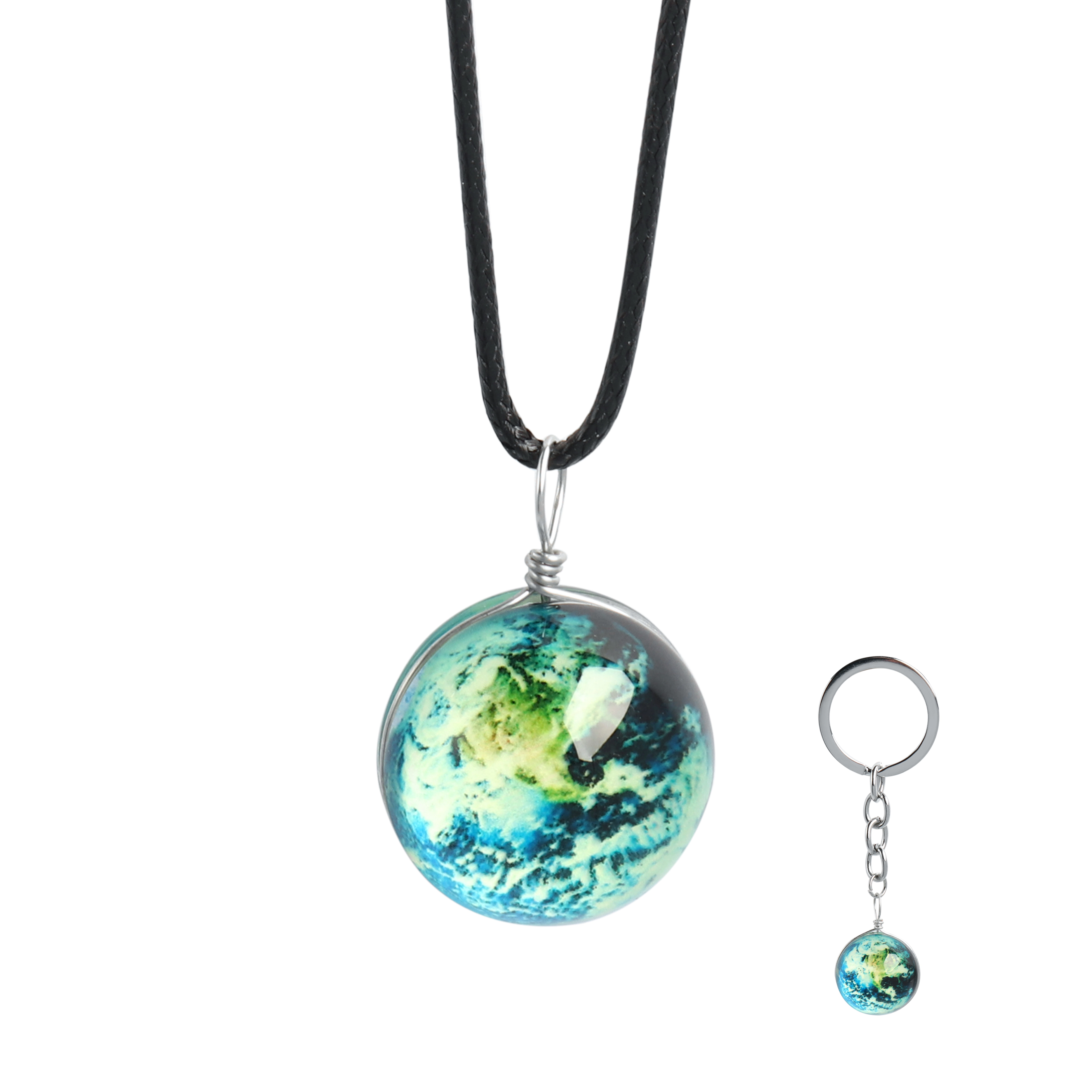 Solar System Necklace Galaxy Planet Pendant Double Side Glass Crystal Ball Universe Necklace Key chain Handmade Jewelry Set 1