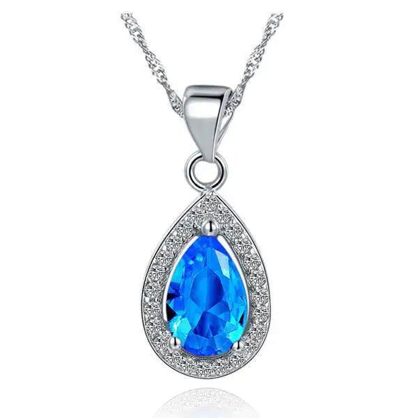 Factory wholesale pendant necklace plating white gold Water droplets Sky blue zircon 18inch white gold Snake chain 1