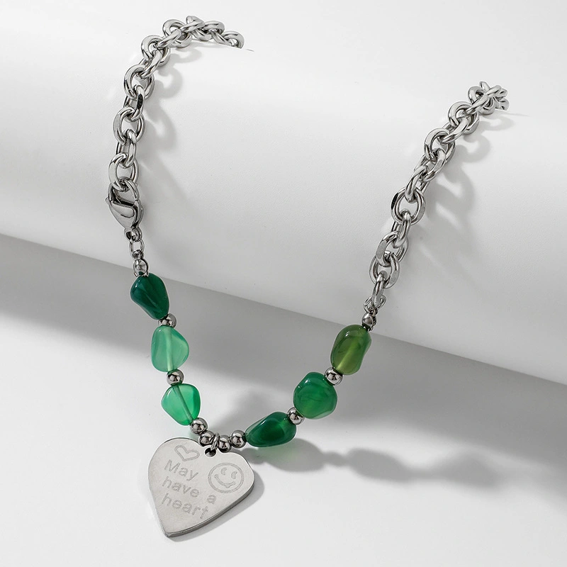 Hainon Green Stone Titanium Steel Letters Smiley Love Necklace Simple Choker Fashion Hip Hop Clavicle Chain 1