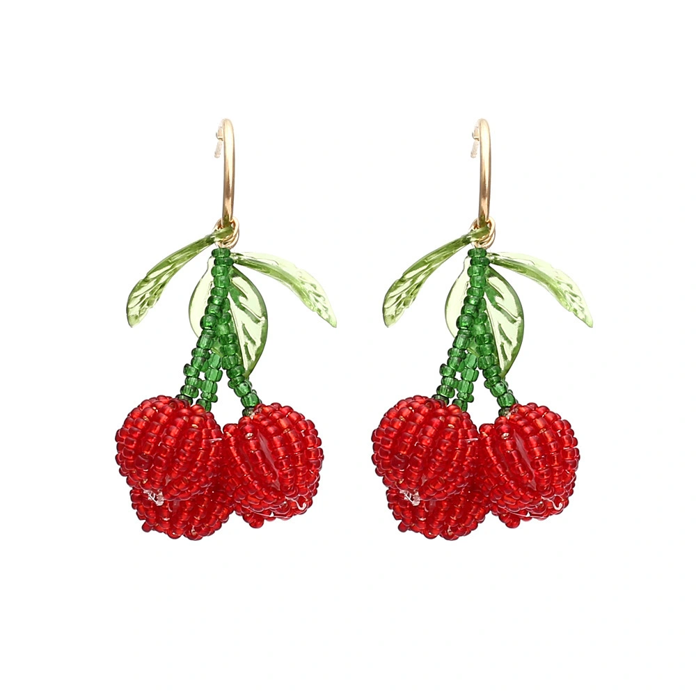 Hainon Handwoven crystal beaded cherry earrings fruit earrings cute Korean drop earrings alloy jewelry 1