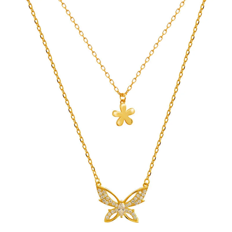 Hainon S925 Sterling Silver Butterfly Double Necklace Niche stacking clavicle chain 2021 new female design sense 1