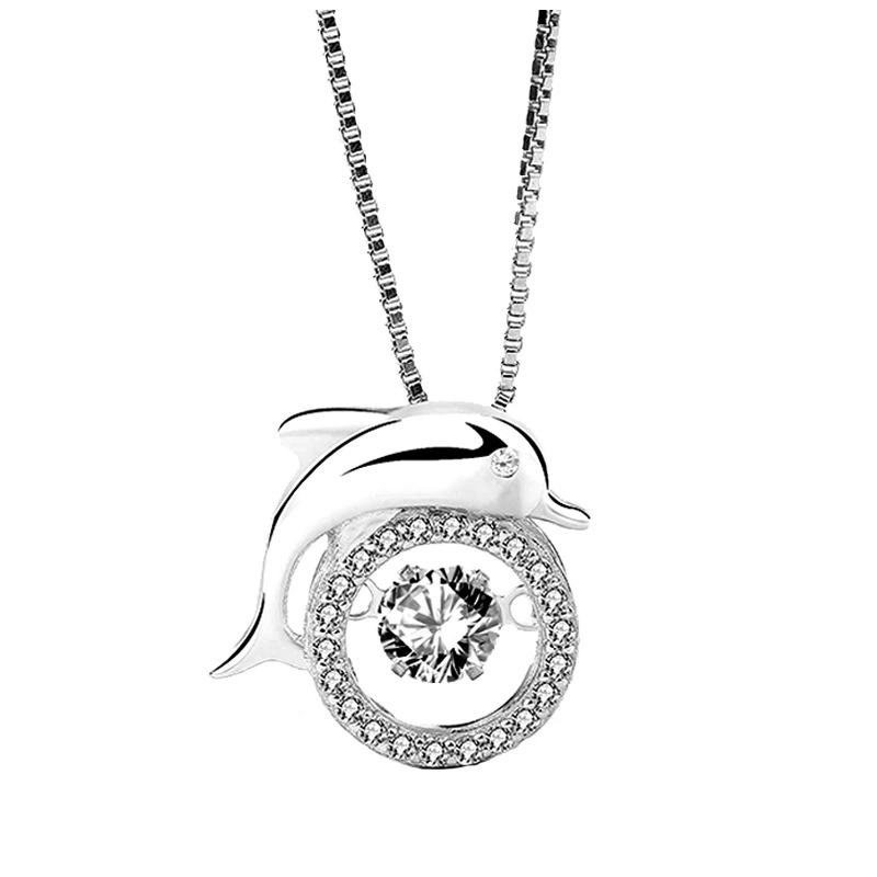 Hainon Sterling Silver Cute Dolphin White Zircon Jumping Pendant Jewelry 1