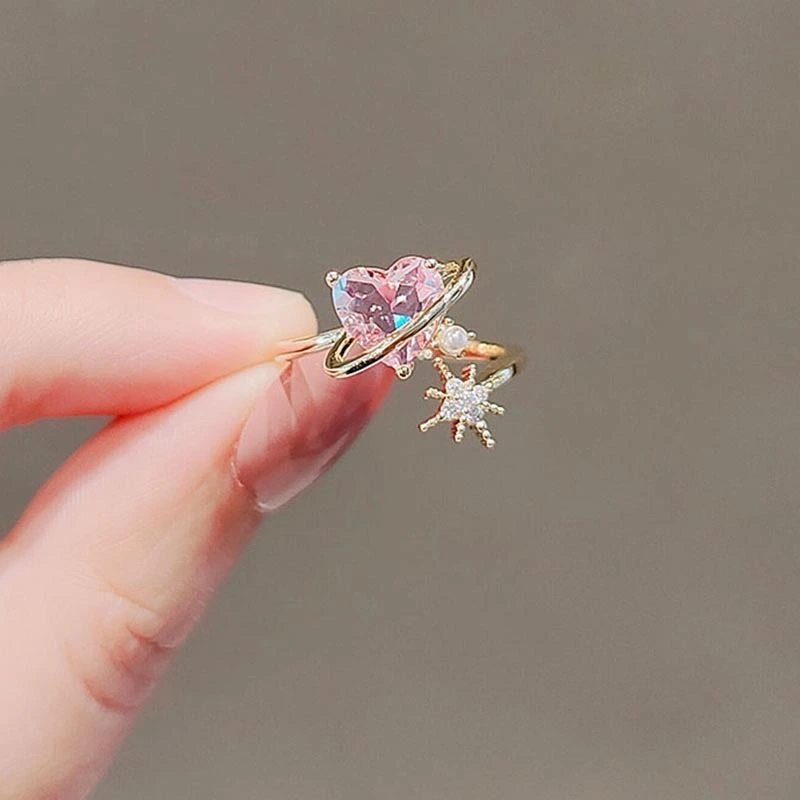 Hainon Wholesale new fashion pink zircon love heart ring brass jewelry trendy design index finger ring 1