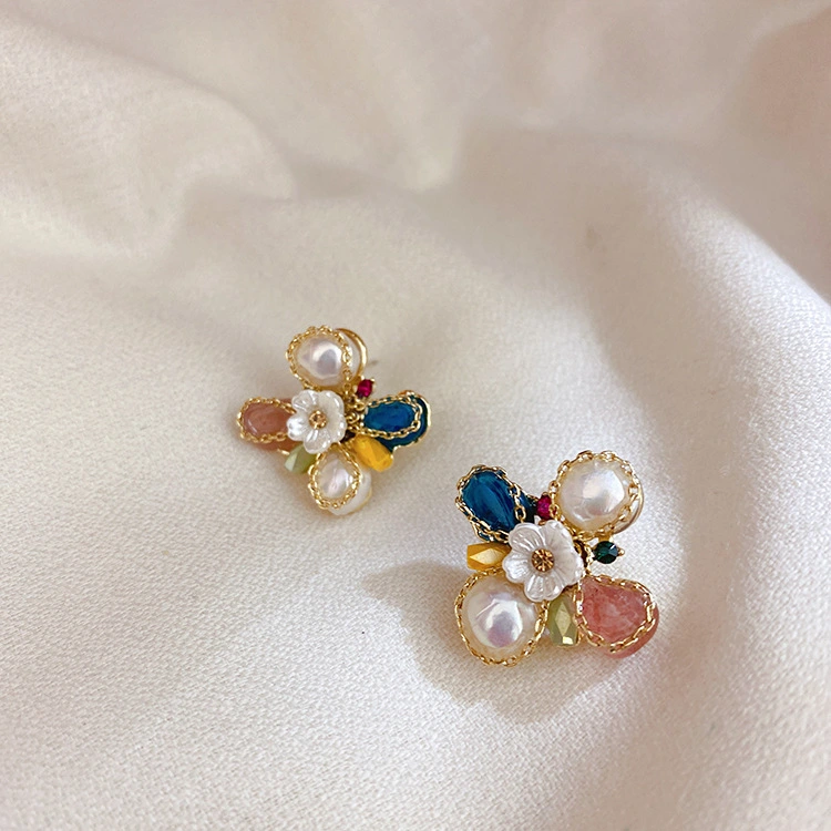 Hainon Fashion simple zircon earrings trend personality Colorful crystal pearl shell flower stud earrings 1