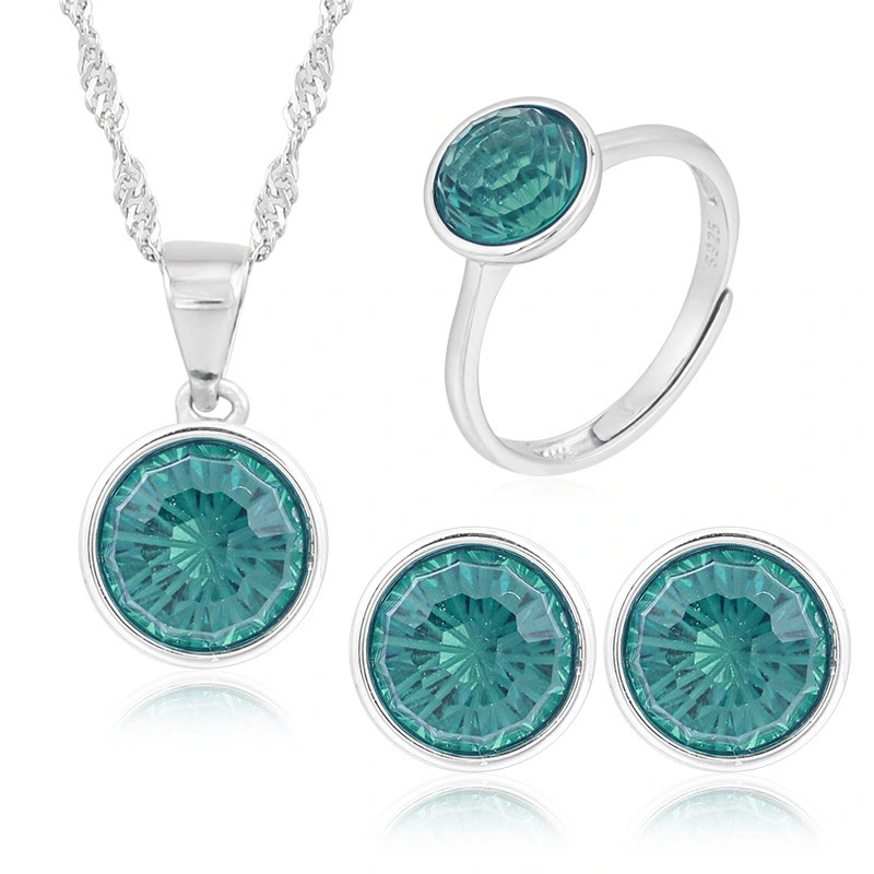2021 Sterling Silver jewelry set 8mm Green zircon Ring Necklace Earrings Set for Women gift Anniversary Hainon Dropshipping 1