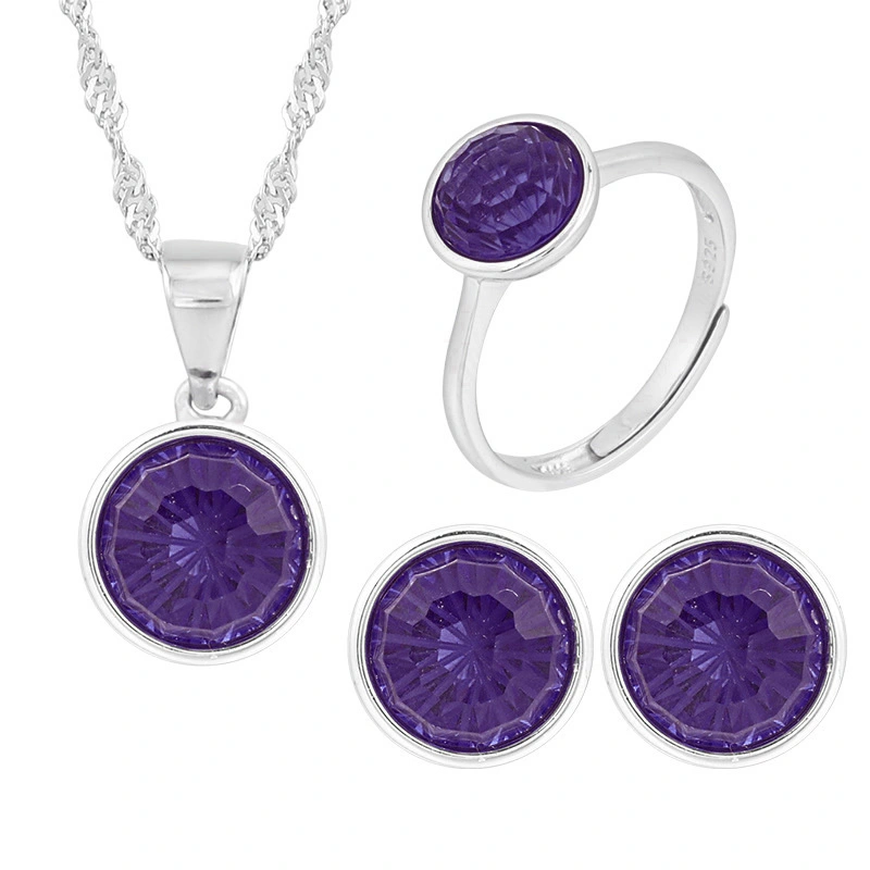 Charming Sterling Silver jewelry set 8mm purple zircon Ring Necklace Earrings Set for Women gift Anniversary Hainon Dropshipping 1