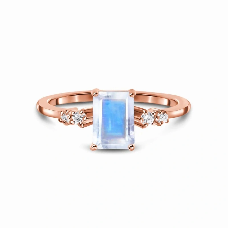 Hainon S925 Sterling Silver Rose Gold Rectangular Moonstone Micro Zircon Ring 1