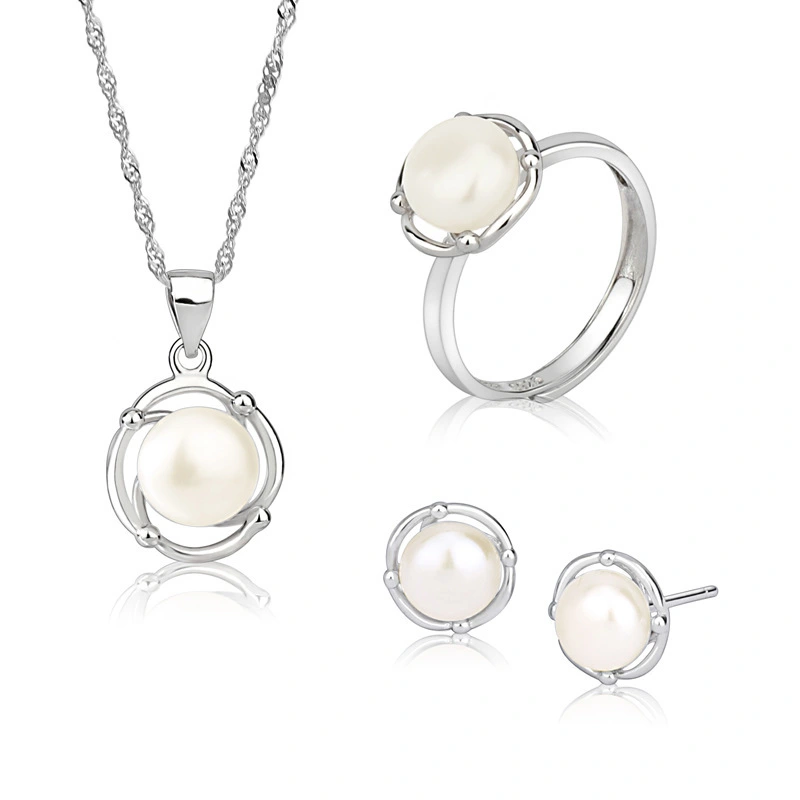 Sterling Silver jewelry set bridal Vintage White Pearl Ring Necklace Earrings Set for Women Anniversary gift hainon Dropshipping 1