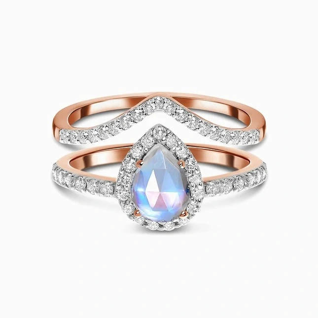 Hainon S925 Sterling Silver Micro Zircon Rose Gold Moonstone Ring Double Layer Wedding Ring 1