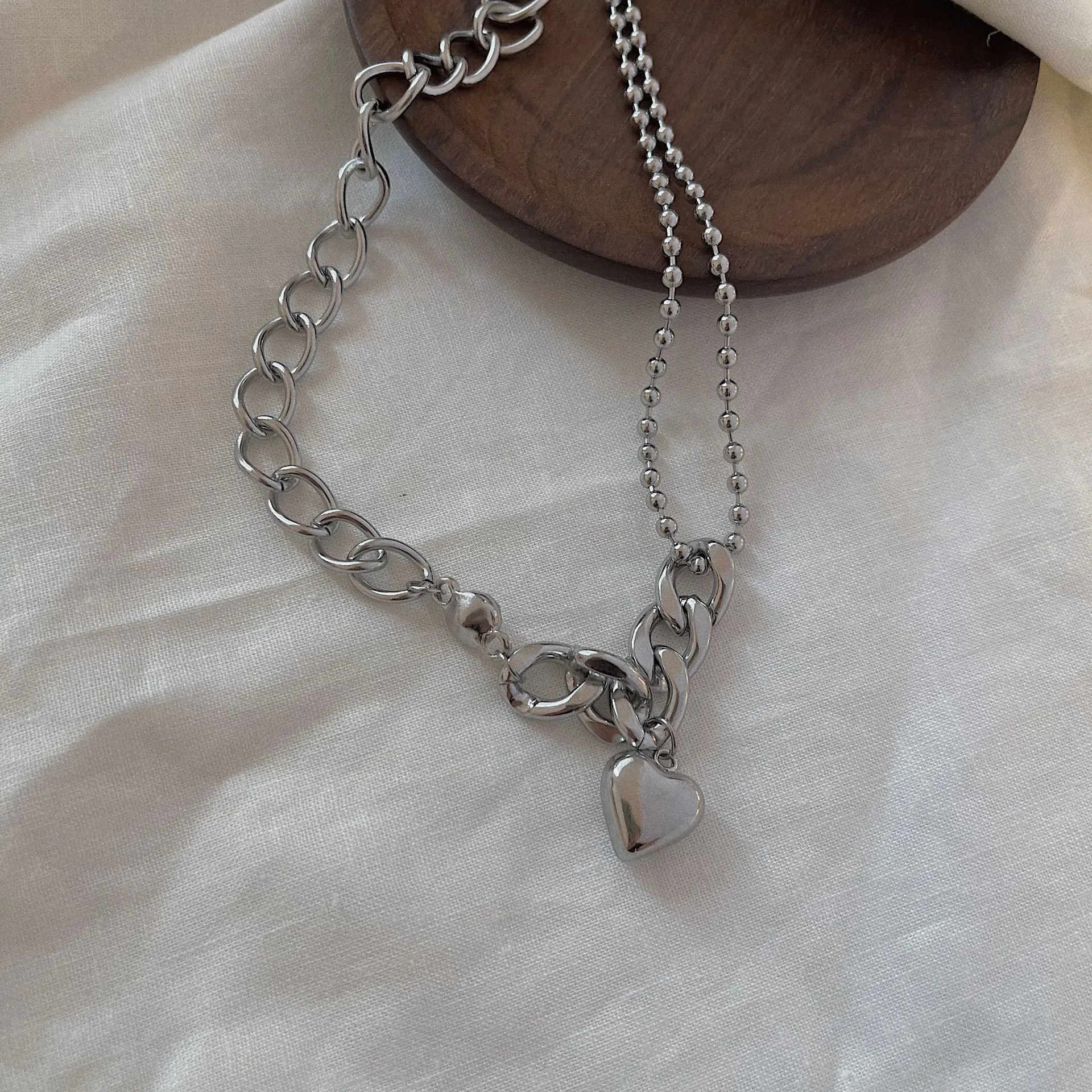 Hainon Titanium steel love double layer asymmetrical necklace, feminine temperament retro clavicle chain 1