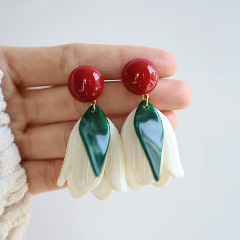 Hainon Retro hit color tulip temperament earrings art earrings French high end flower earrings 1