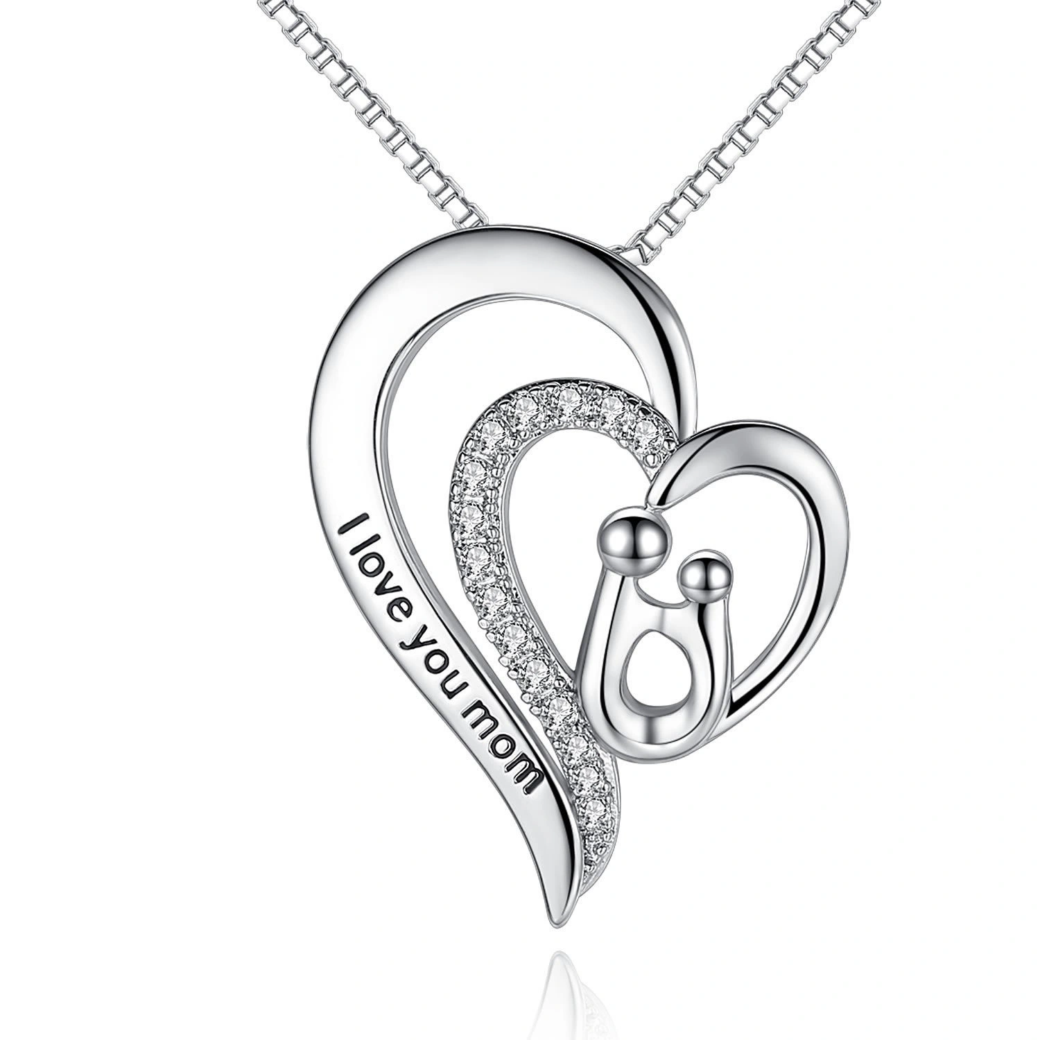 Hainon Custom Necklace I Love You Mom Silver Plated Heart zircon Pendant Necklace For Mother's Day Gift 1