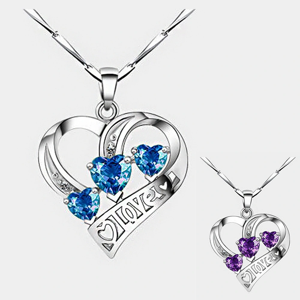 Mother's Day Plated White Gold Purple/Blue Birthstone Heart-shaped Simple Design Jewelry Fashion Necklaces 1