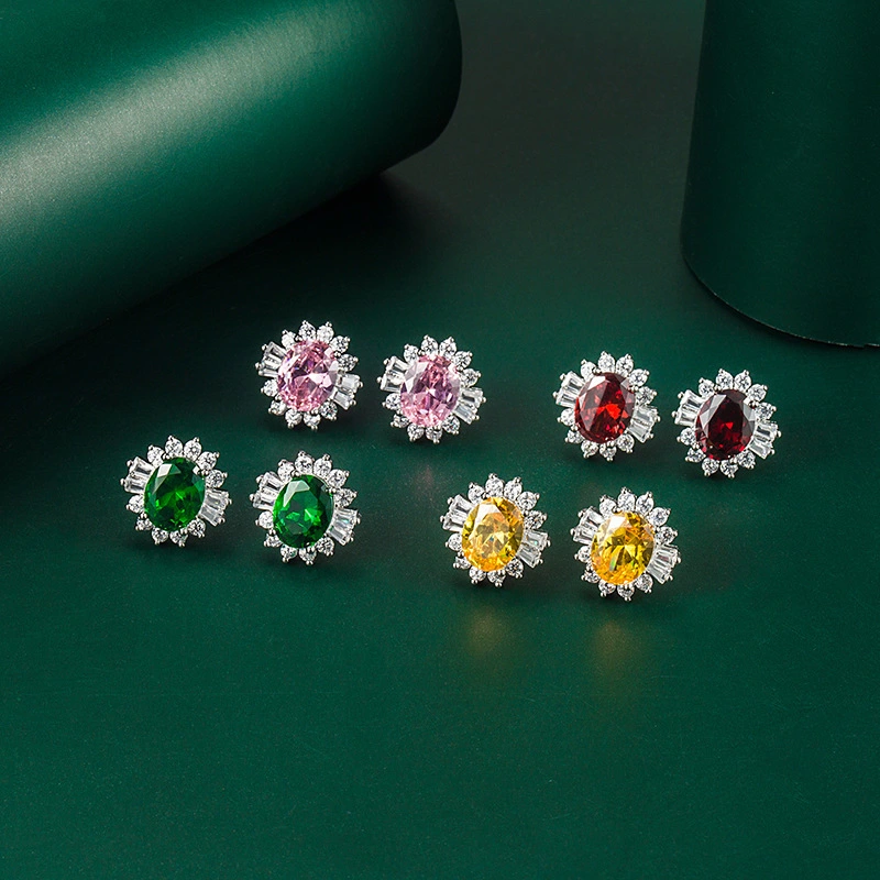 Hainon fashion Platinum plating oval zircon flower Stud Earrings For Women Gift card flannel bag set wholesale 1