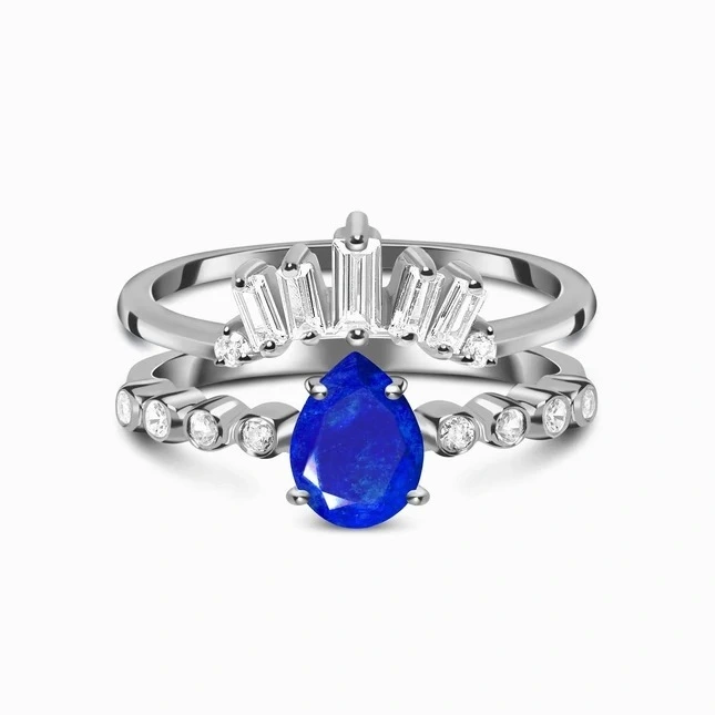 Hainon 925 Silver Ring Water Drop Sapphire Ring Set For Women Micro Zircon Double Ring Set Wholesale Supplier 1