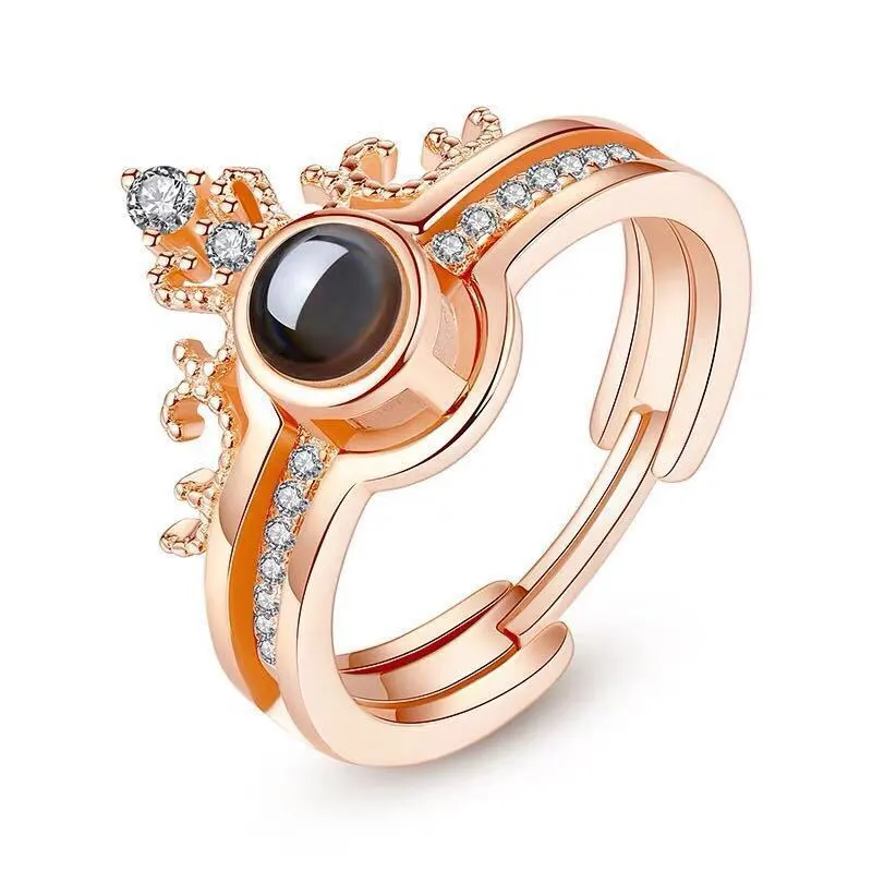 Hainon Sterling silver crown rings jewelry I love you in 100 languages adjustable rose gold ring support customize wholesale 1