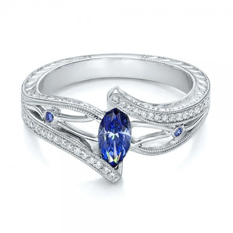 Sea Blue Horse Eye Shape Cubic Zirconia Simple Design Women Engagement Rings 1