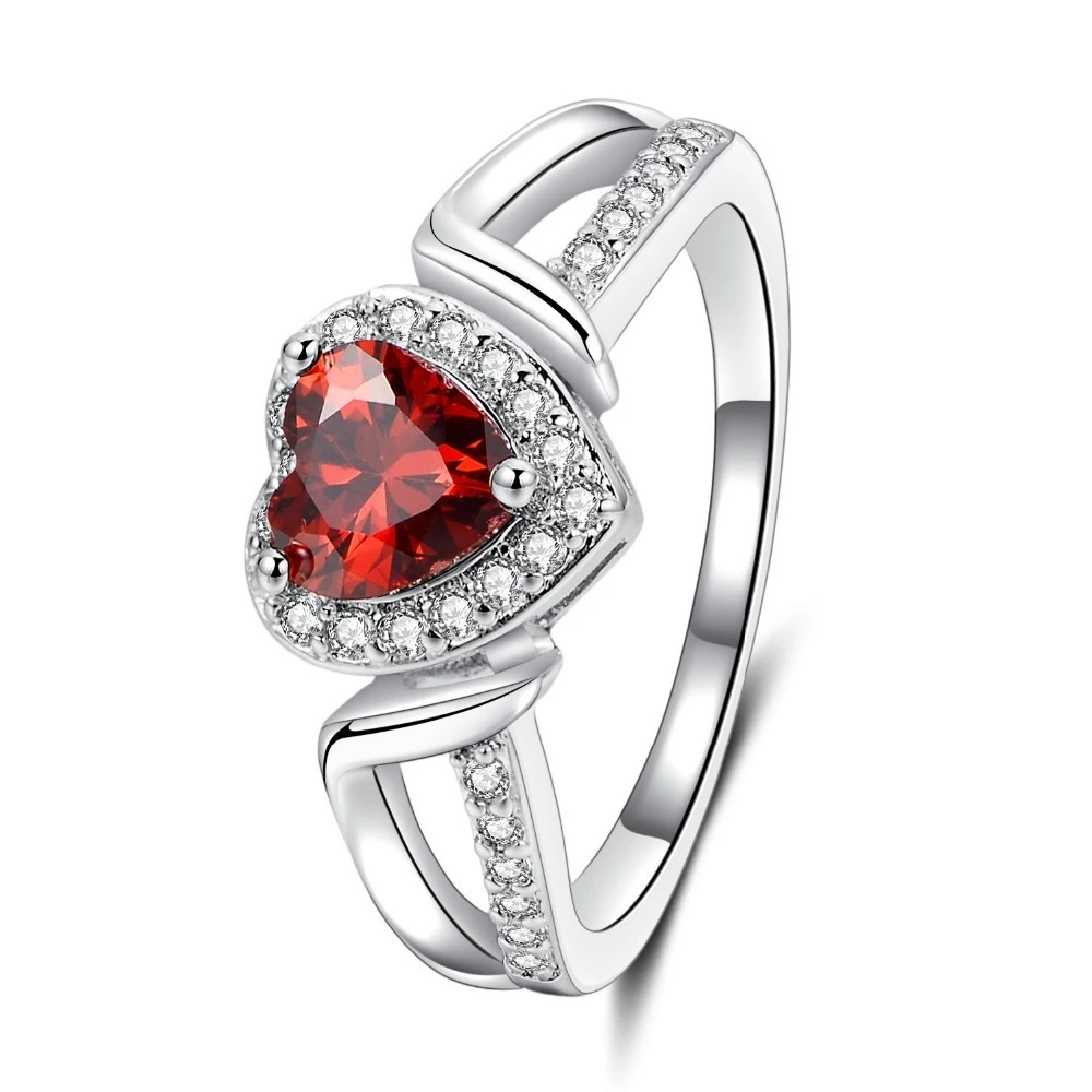 fashion jewelry Red Birthstone Heart Shape plating Silver Ring Engagement Rings 1