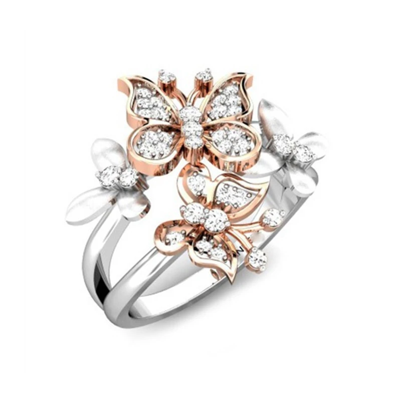 2018 Luxury Elegant Lady Wedding Engagement Ring Golden Butterfly Cluster New style silver ring 1