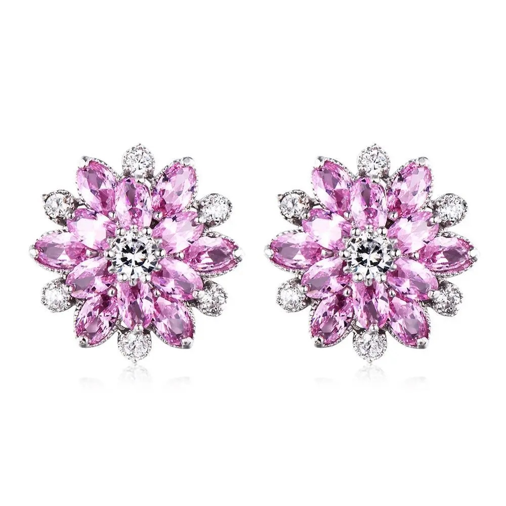 925 Silver Stud Earrings Fashion Jewelry Design Blossom Earrings Women shiny pink purple zircon wholesale 1
