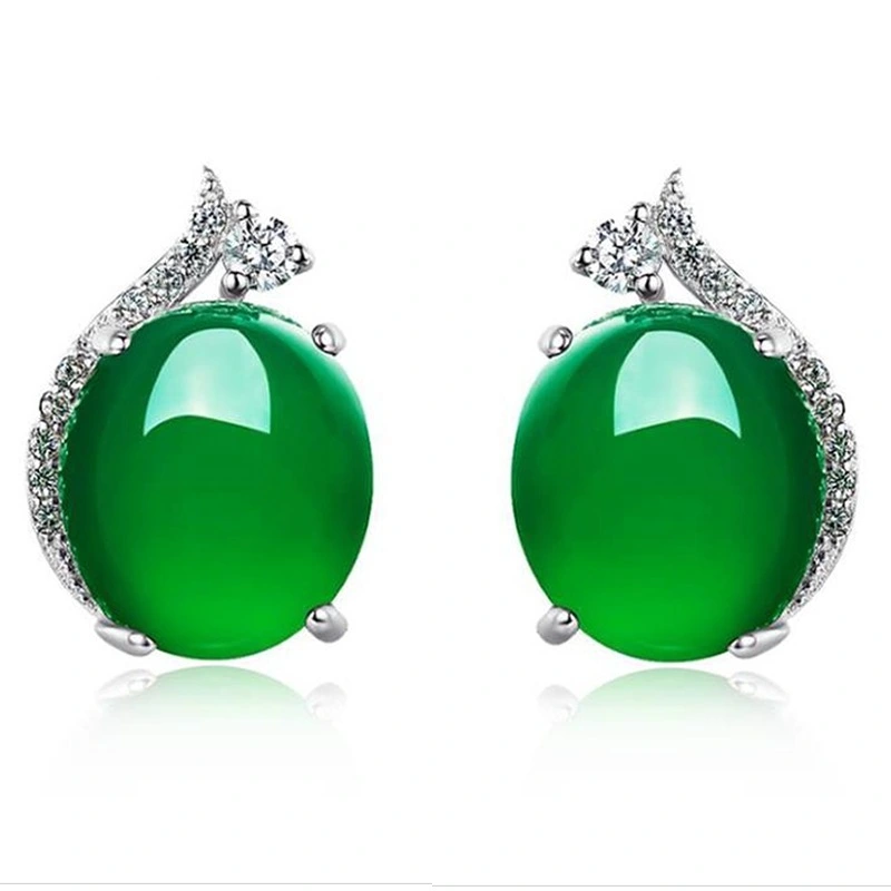 Fashion Jewelry Women Earrings Jade Round Stud Earrings Ladies Jewelry Green Alloy Silver Plated 1pc/opp Bag Silver Color 10pair 1
