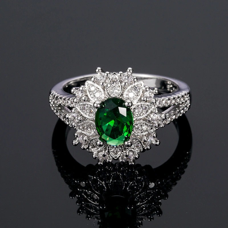 hainon custom new Flower Shape Silver Zircon Filled Emerald Cut Stone Ring Women Emerald Diamond Ring 1