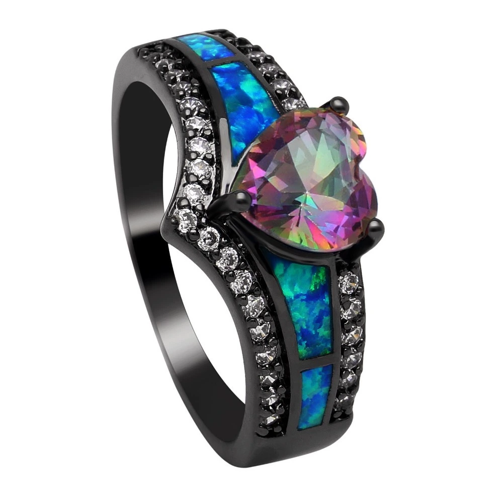 Hainon Opal Ring Unique Design Purple Heart-shaped Zirconia Black gold Plated opal Ring wedding ring 1