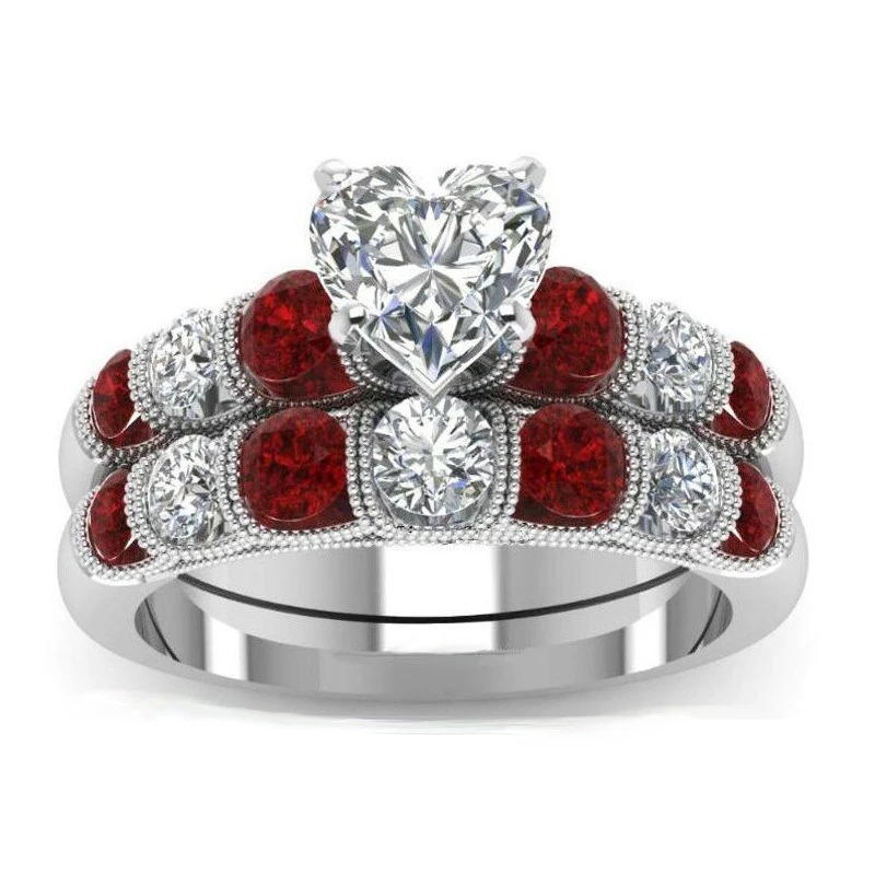 unique design white gold ring paved red zircon ring Romantic heart shape lady wedding ring 1