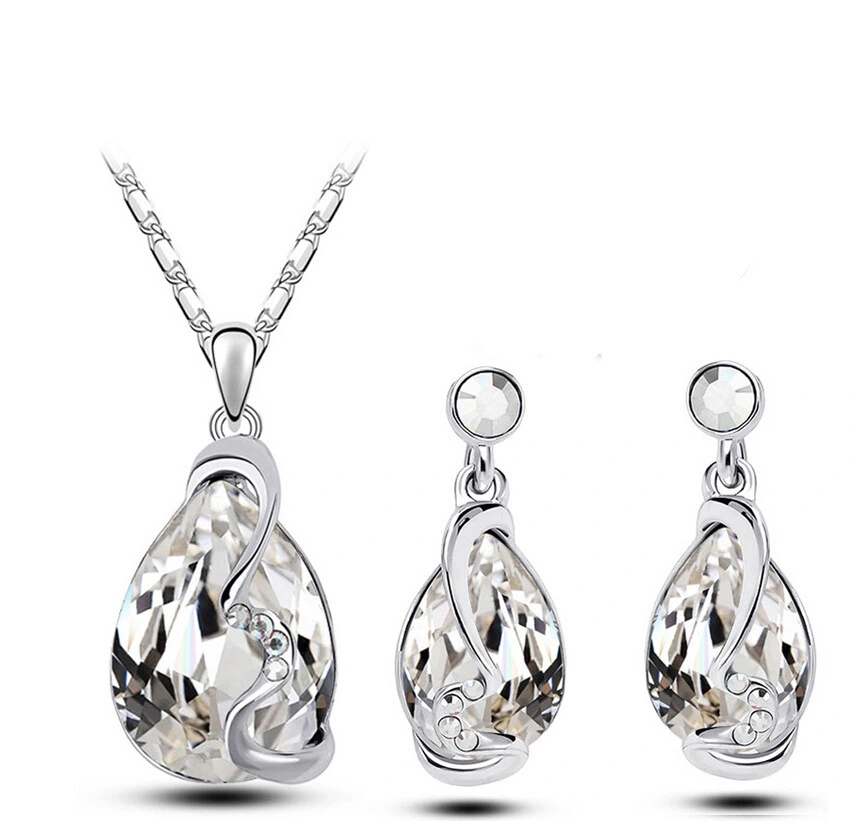 Hainon wholesale wedding set jewelry blue pink water drop Crystal Earrings Necklace Jewelry Set Gift card 1