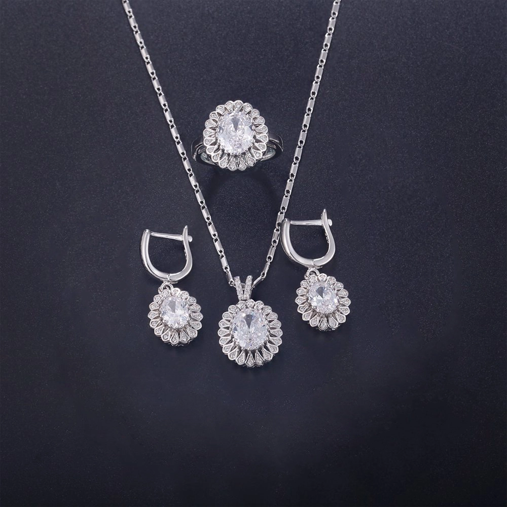 Hainon wholesale white oval zircon Pendant Necklace Earrings ring Set fashion jewelry sets women gift sets jewelry 1