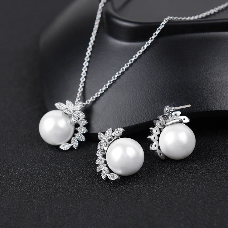 Platinum plating Elegant fashion jewelry sets white pearl flower necklace earrings set for women Gift Cards Hainon 1