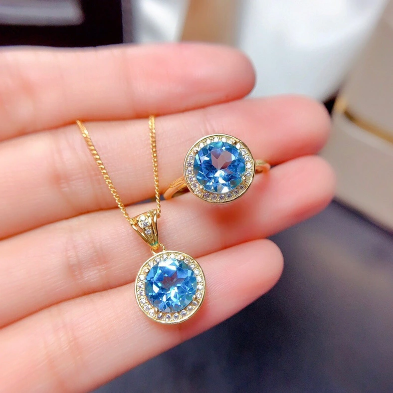 Hainon Electroplated gold color aquamarine zircon color gemstone open ring female pendant necklace set 1