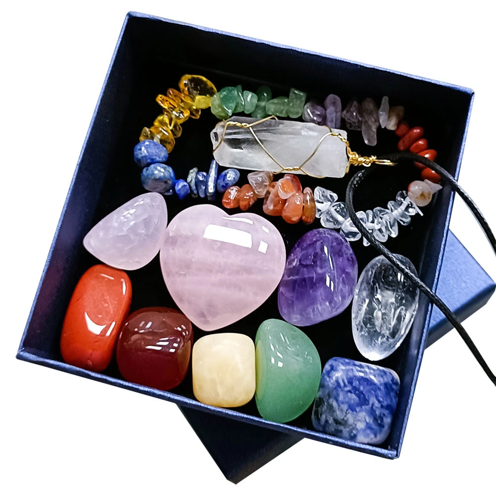 Hainon Natural Stone Crystal Jade Seven Chakra Combination Set Pink Crystal Love Hexagon Column Pendant Chakra Gift Box 1