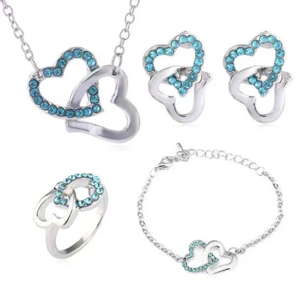 Hainon Fashion Love Heart Jewelry Sets Necklace Earring Ring Bracelet Blue Red Purple Cubic Zircon Sets for Women Wedding 1