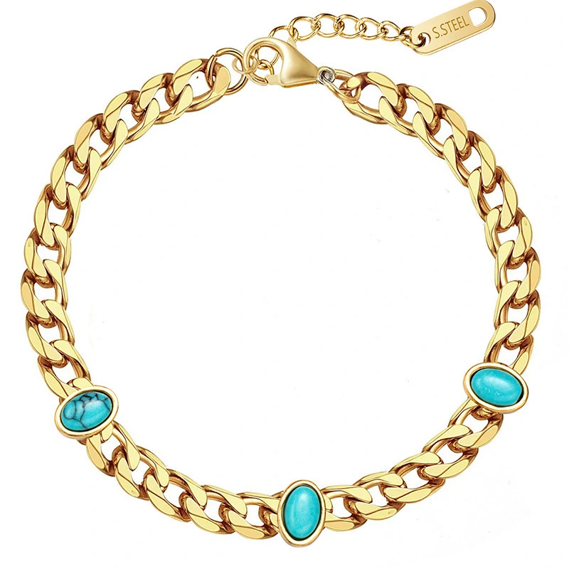 Hainon Natural Stone Oval Turquoise Bracelet Inlaid Titanium Steel Cuban Bracelet Simple Fashion Jewelry 1